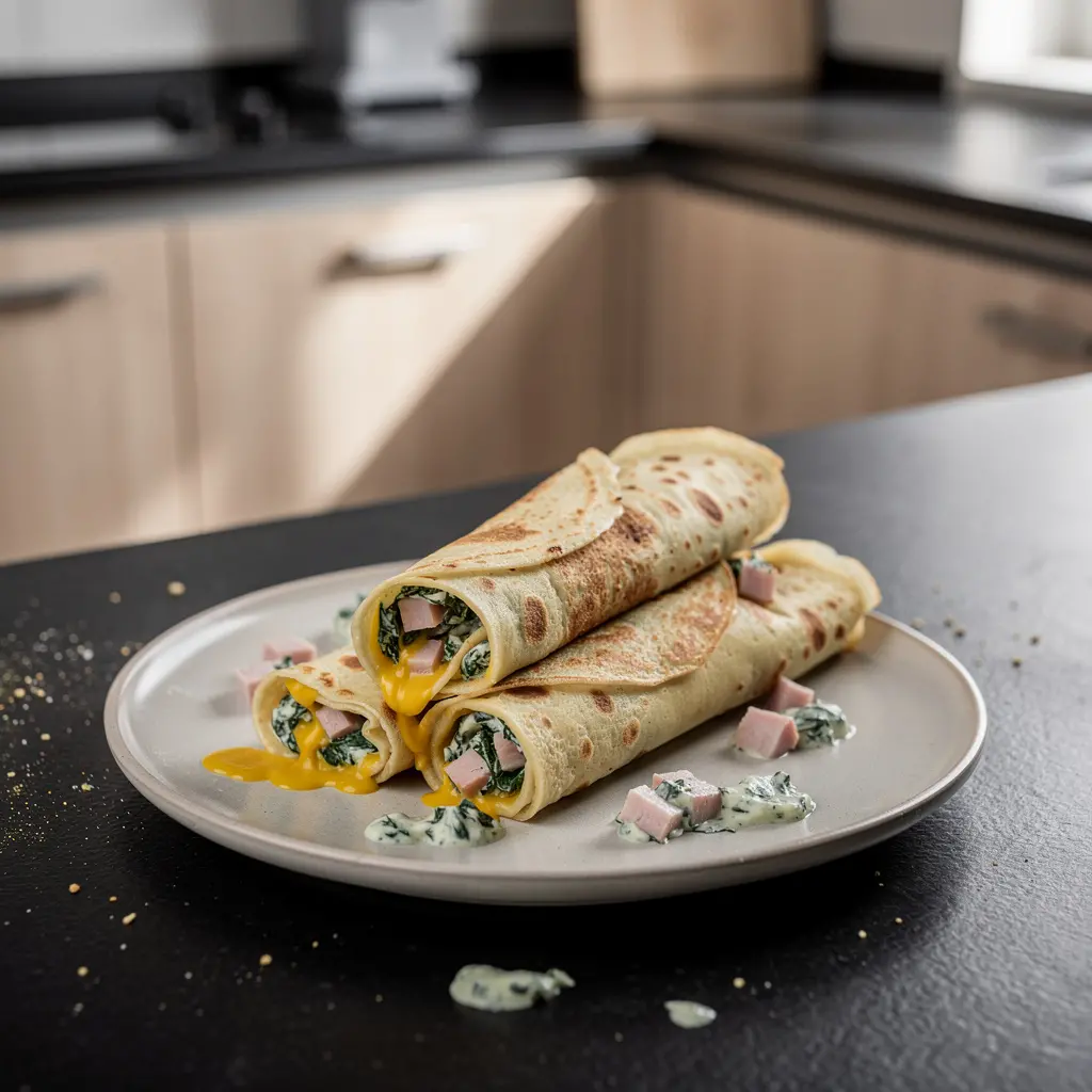 Crêpes allemandes au jambon, fromage et épinards
