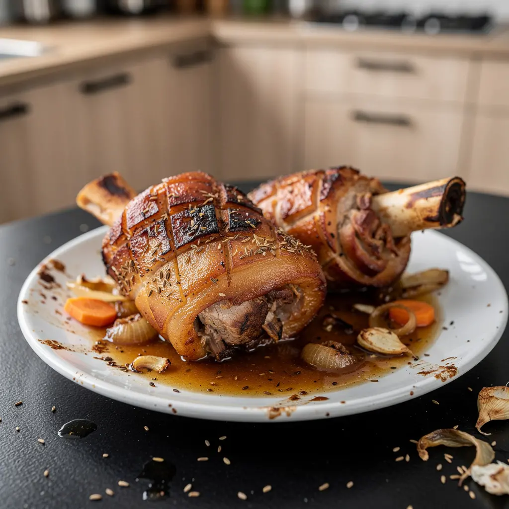 Jarret de porc allemand rôti à la bière et au cumin