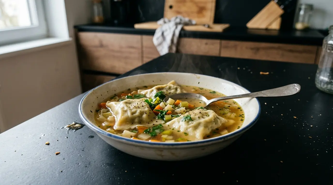 Niemieckie pierogi Maultaschen w rosole warzywnym