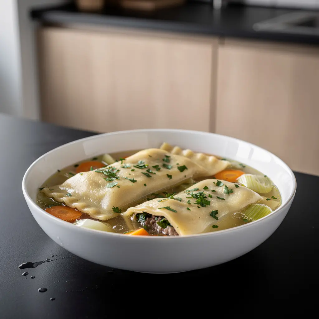 Raviolis allemands Maultaschen en bouillon de légumes