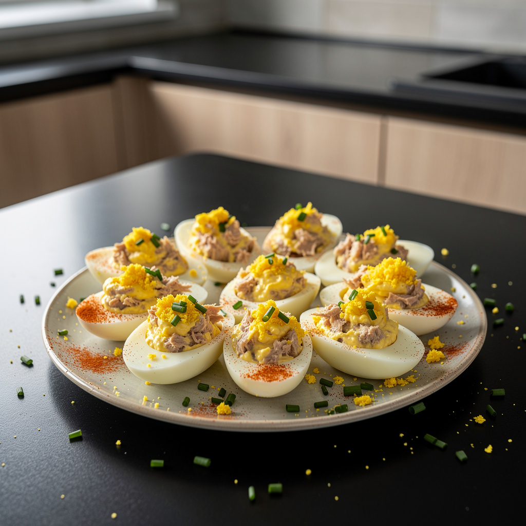 Oeufs mimosa – French deviled eggs with mayonnaise and tuna