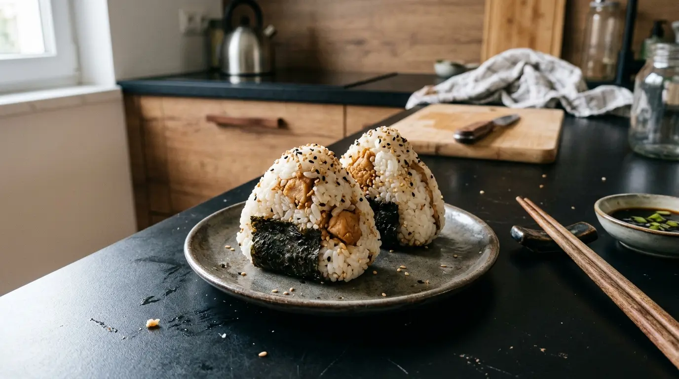 Onigiri con pollo, miso y sésamo