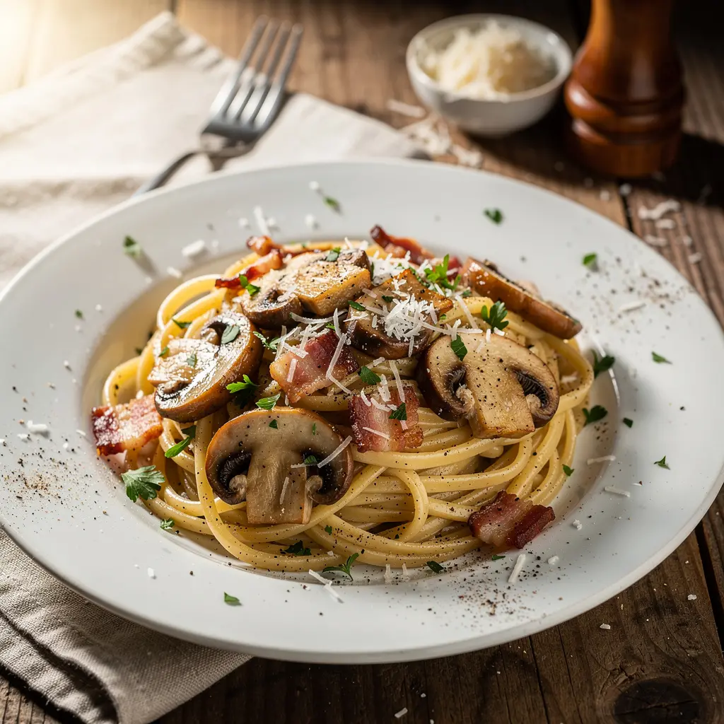 Pasta alla boscaiola z pieczarkami i boczkiem