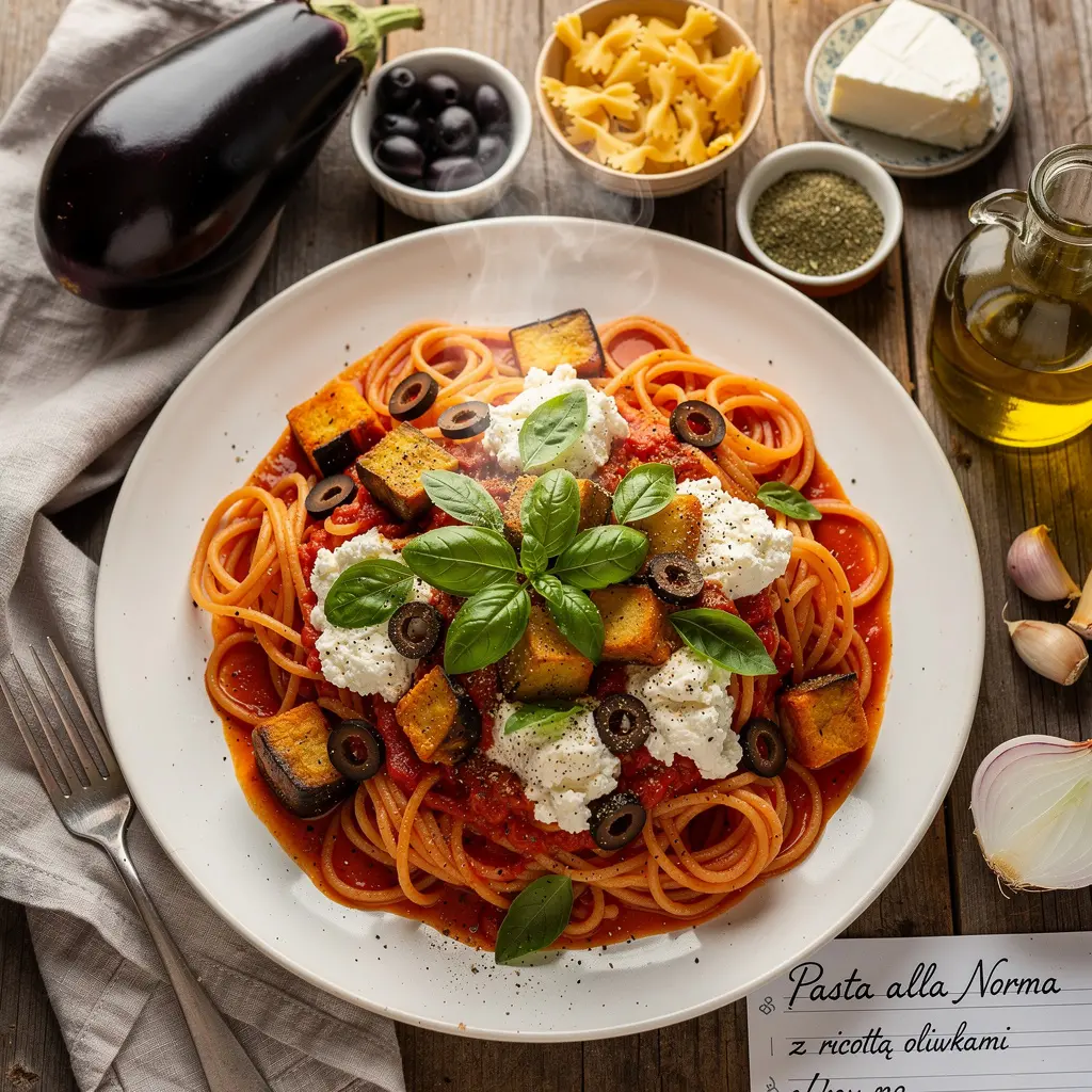 Pasta alla Norma z ricottą i oliwkami