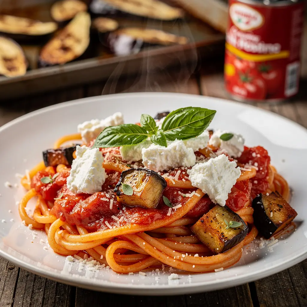 Pasta alla Norma z ricottą i pieczonym bakłażanem