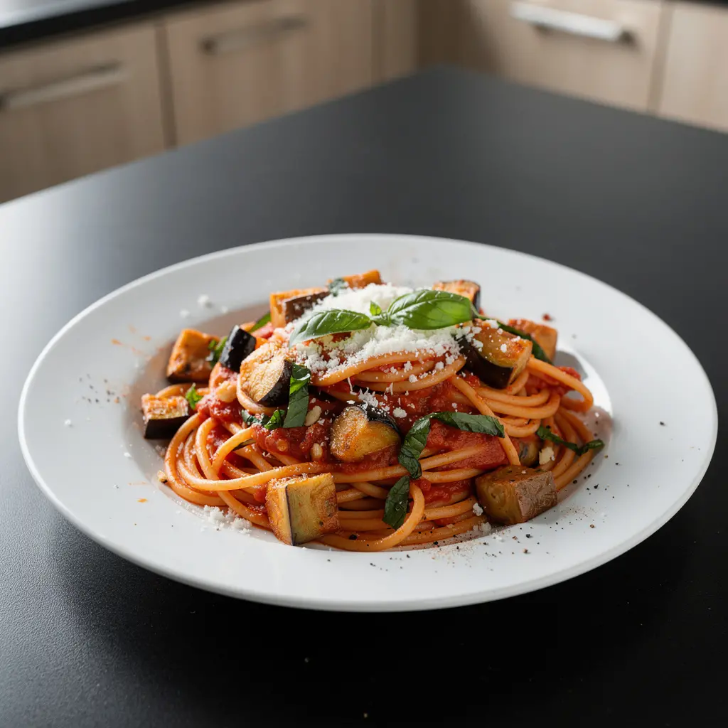 Pasta alla Norma z ricottą salata i bazylią