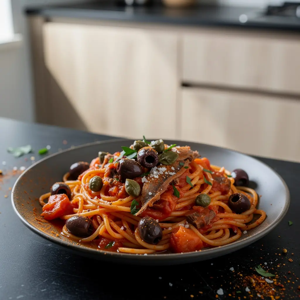 Pasta alla puttanesca with olives and capers
