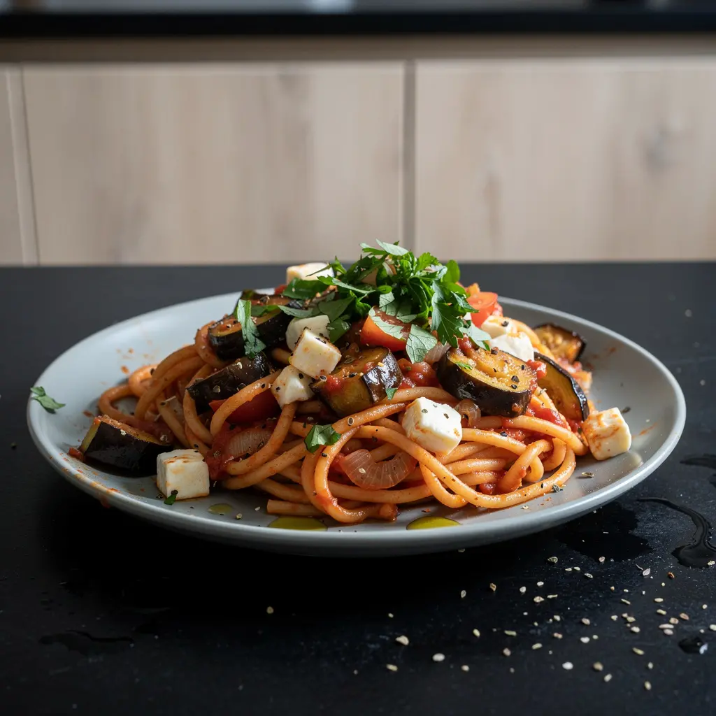 Pasta z bakłażanem, pomidorami i mozzarellą