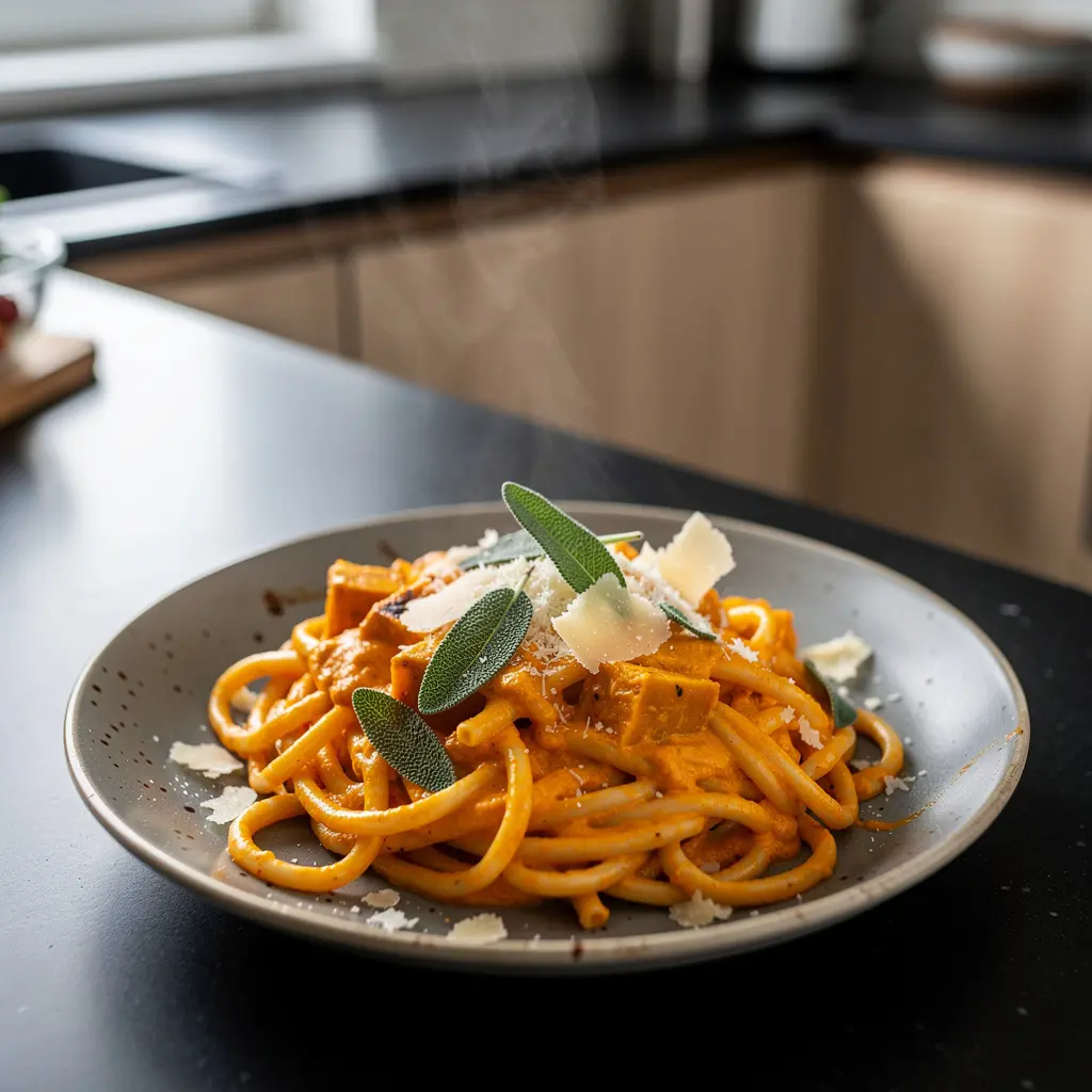 Pasta z kremowym sosem z pieczonej dyni i szałwii