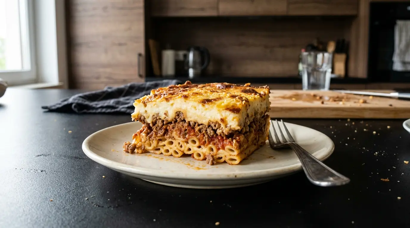 Pastitsio – grecka zapiekanka makaronowa z mięsem i beszamelem