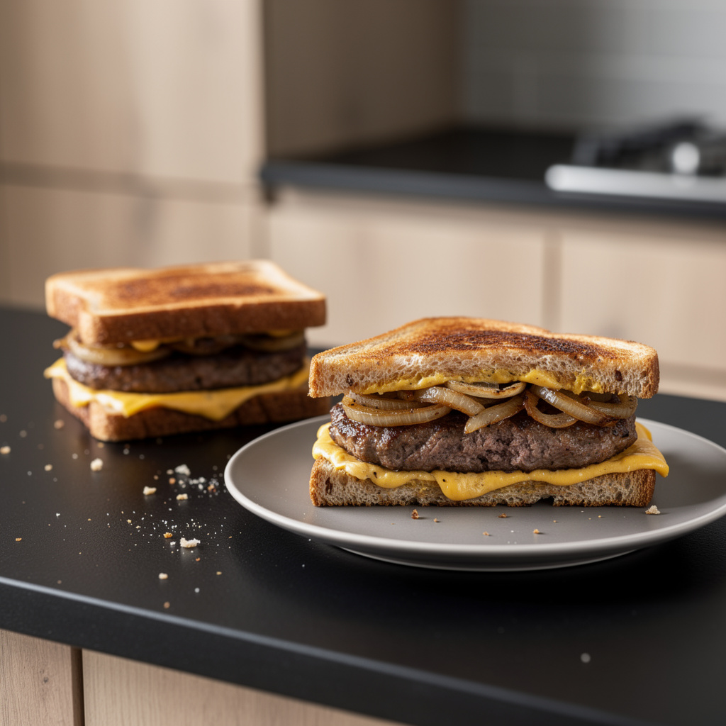 Patty melt – kanapka z wołowym kotletem i cebulą z patelni