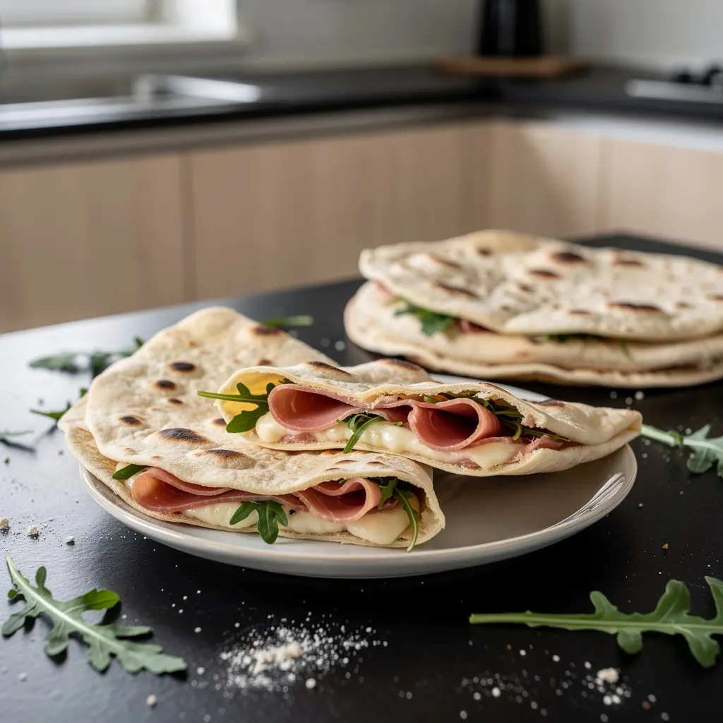 Piadina romagnola – włoskie płaskie chlebki z szynką i rukolą