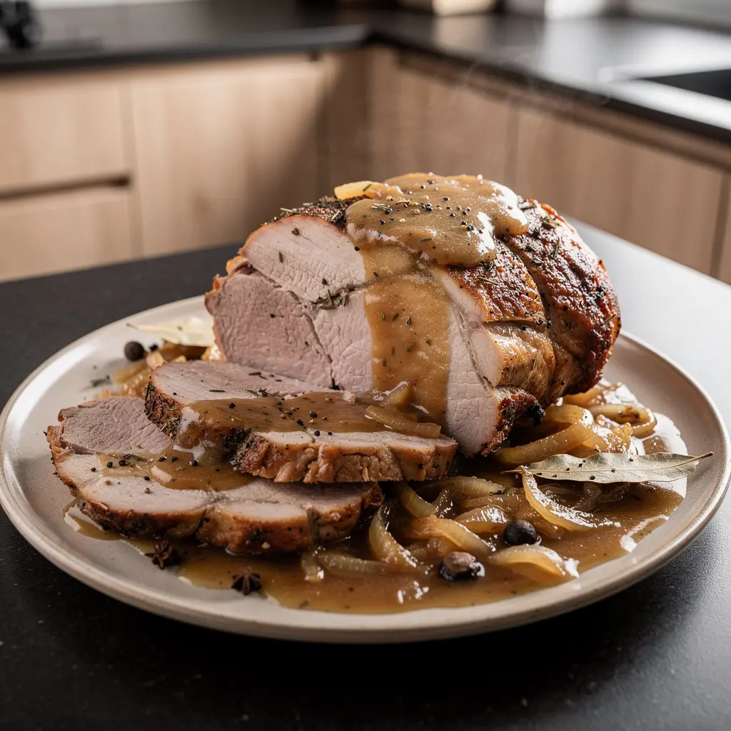 Rôti d’épaule de porc aux oignons et à la marjolaine