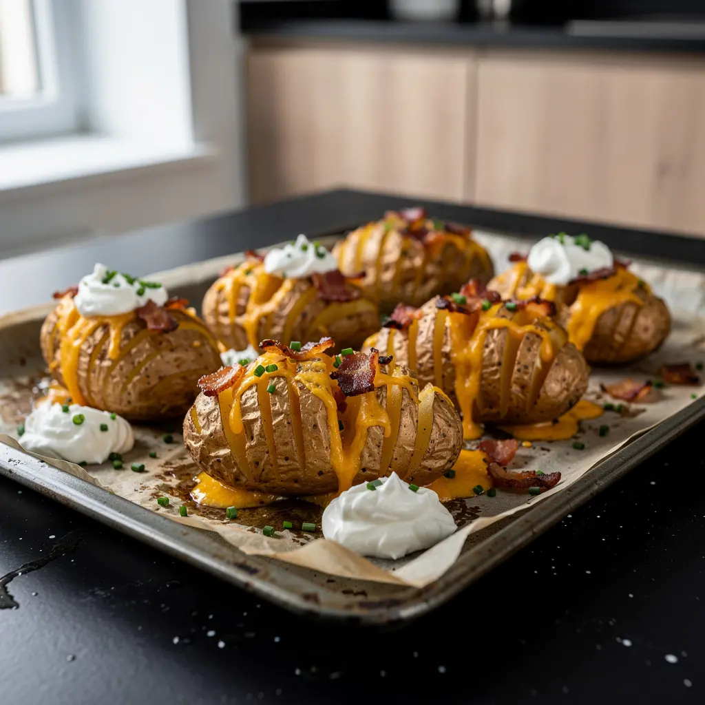 Pieczone ziemniaki hasselback z serem i boczkiem po amerykańsku