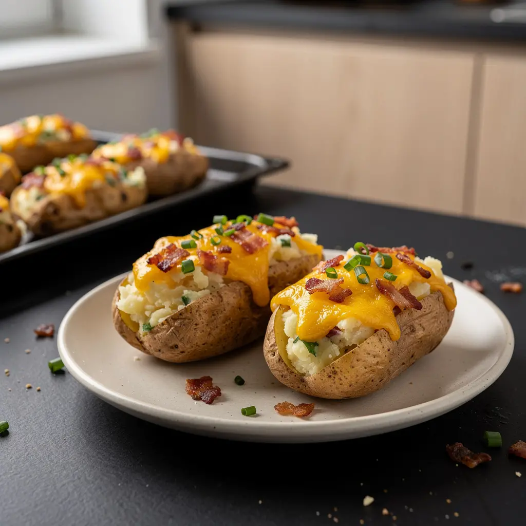 Pommes de terre au four farcies au fromage, au bacon et à la ciboulette