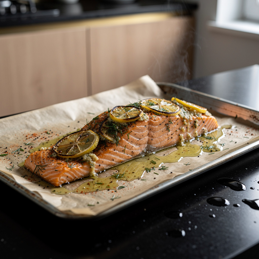 Pieczony łosoś z czosnkiem i cytryną po amerykańsku