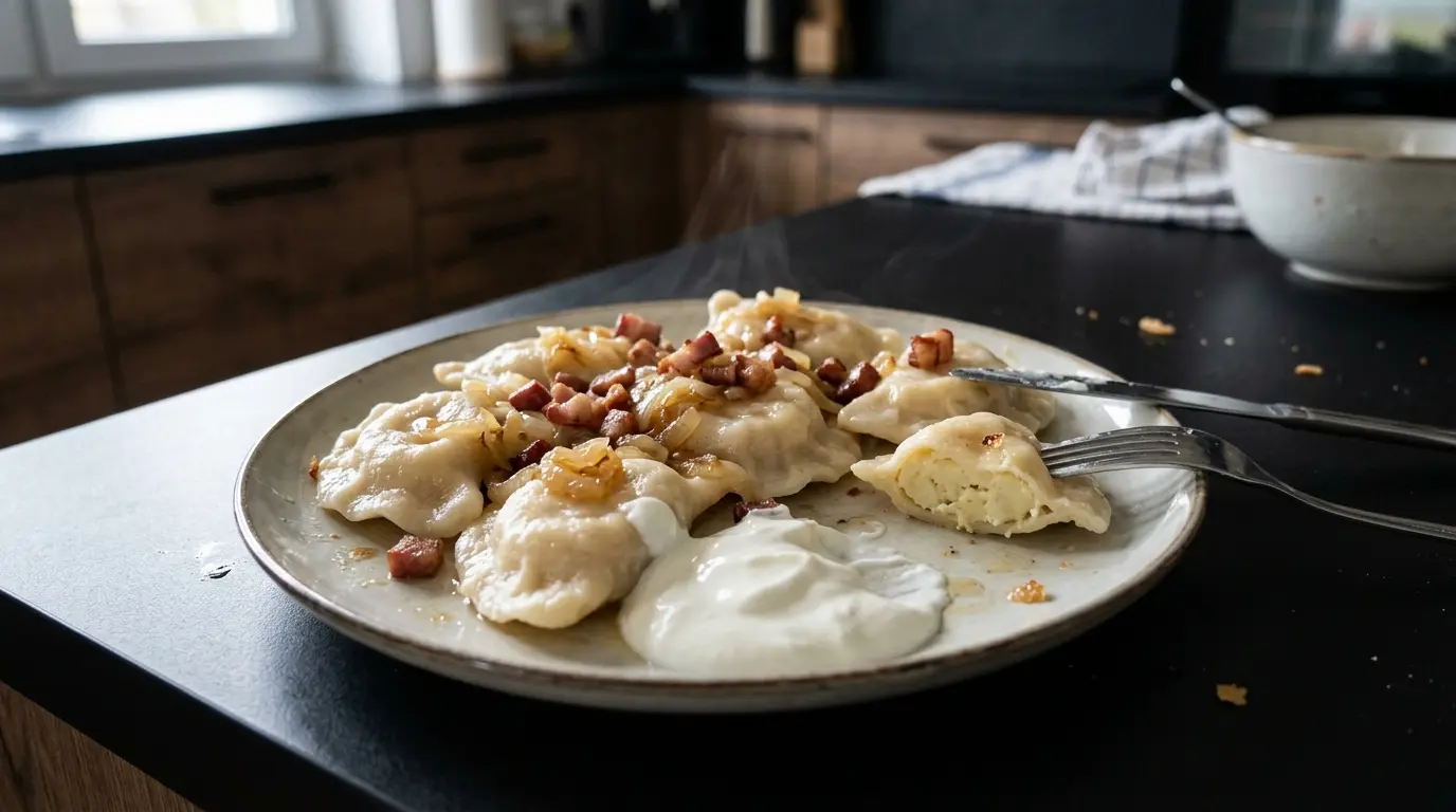 Pierogi ruskie z cebulką i śmietaną