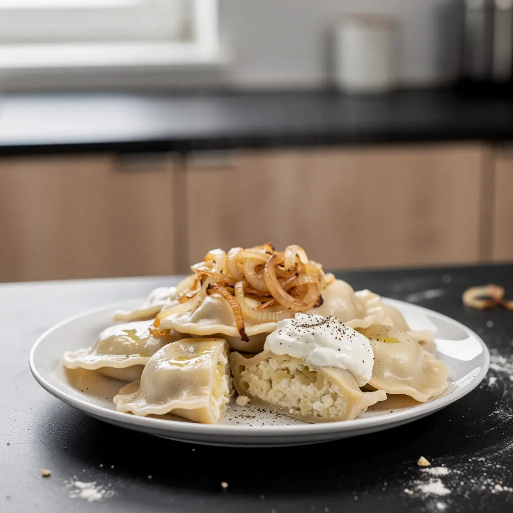 Pierogi ruskie z cebulką i śmietaną
