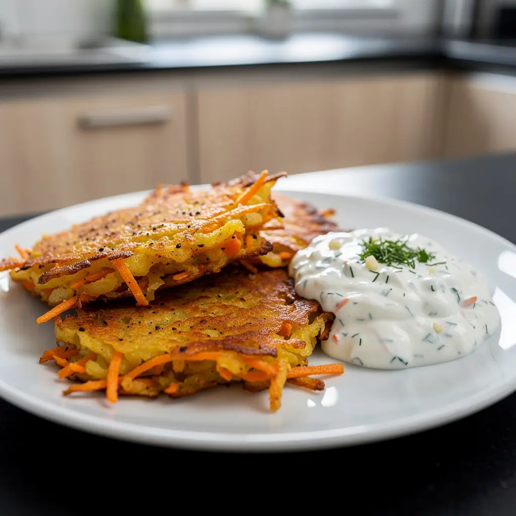Potato and Carrot Fritters with Garlic Yogurt