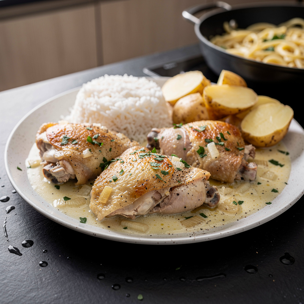 Poulet à la crème – kurczak w sosie śmietanowo-winno-czosnkowym