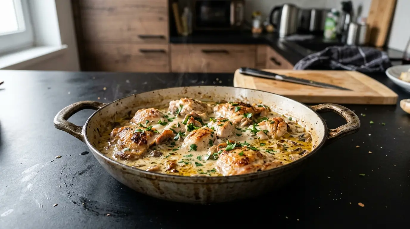 Poulet à la crème – kurczak w sosie śmietanowo-winno-czosnkowym