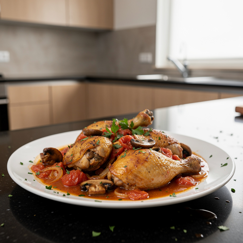 Poulet chasseur – hunter’s chicken in mushroom and wine sauce