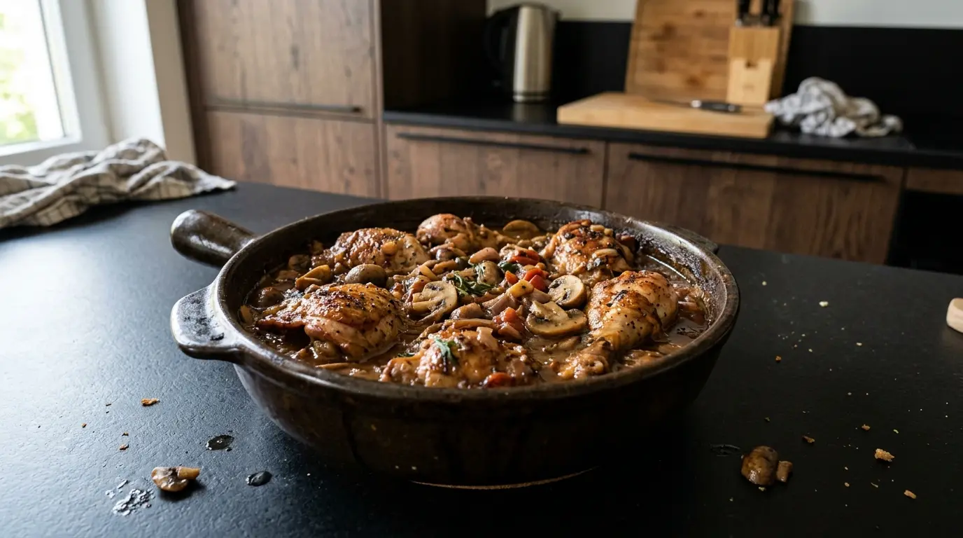 Poulet chasseur – kurczak myśliwski w sosie z pieczarkami i winem