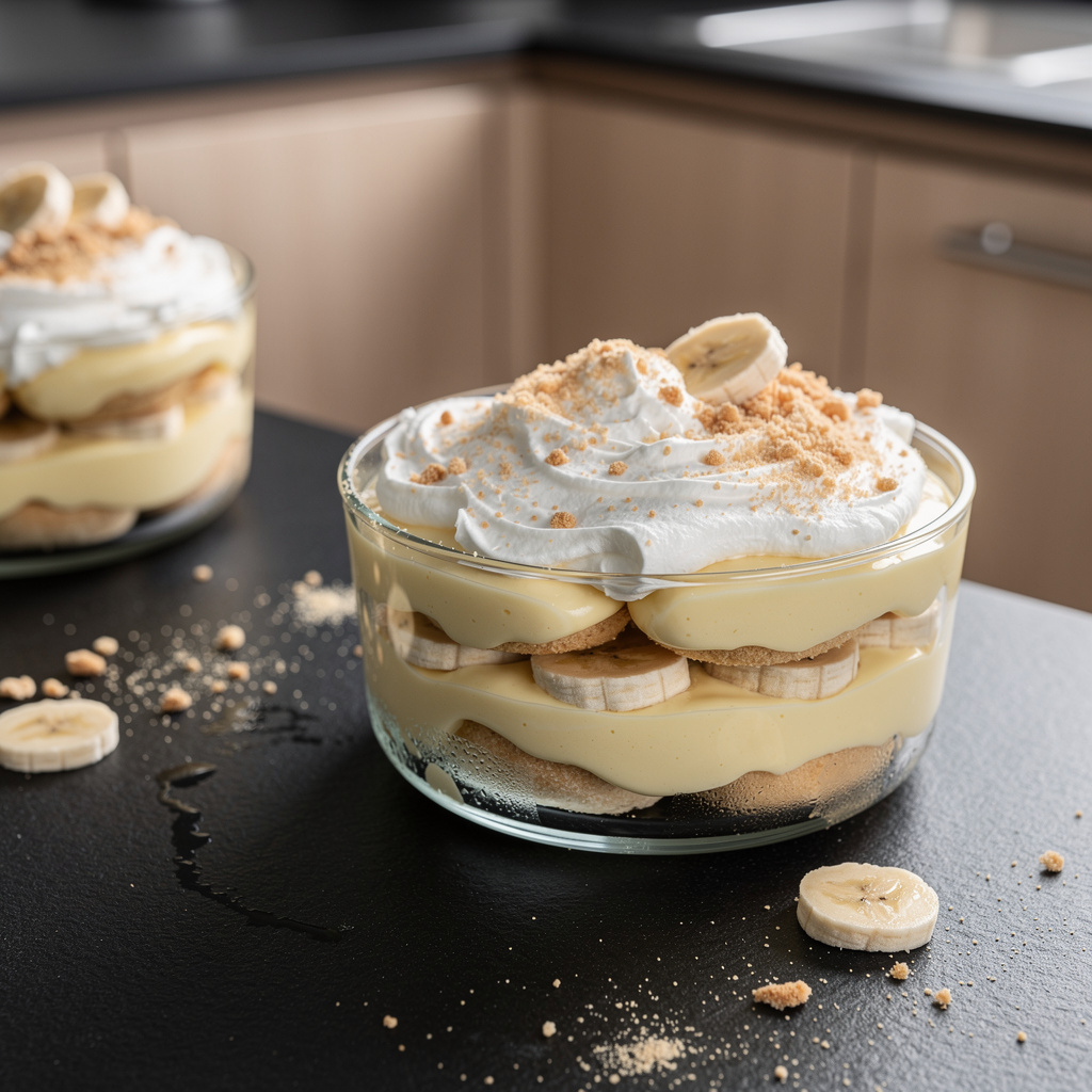 Pudding bananowy z herbatnikami i bitą śmietaną