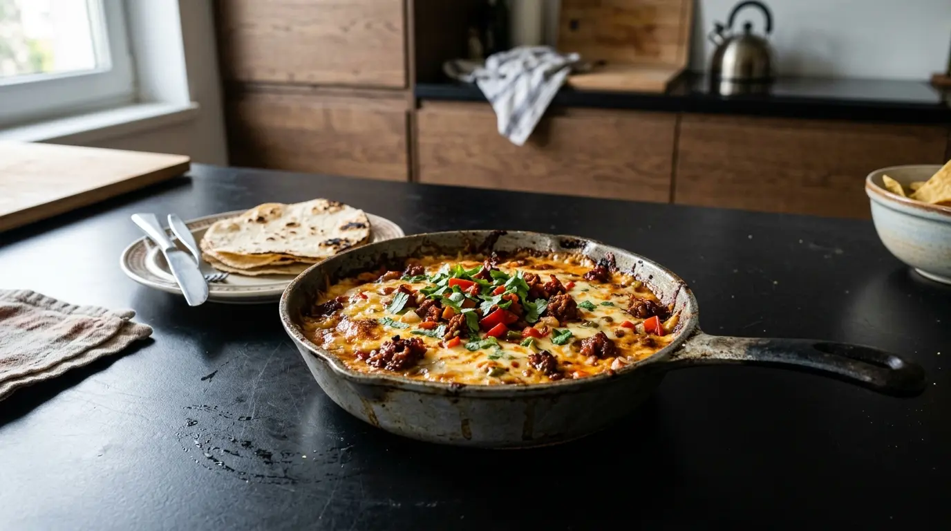 Queso fundido z chorizo – zapiekany ser z kiełbasą i papryką