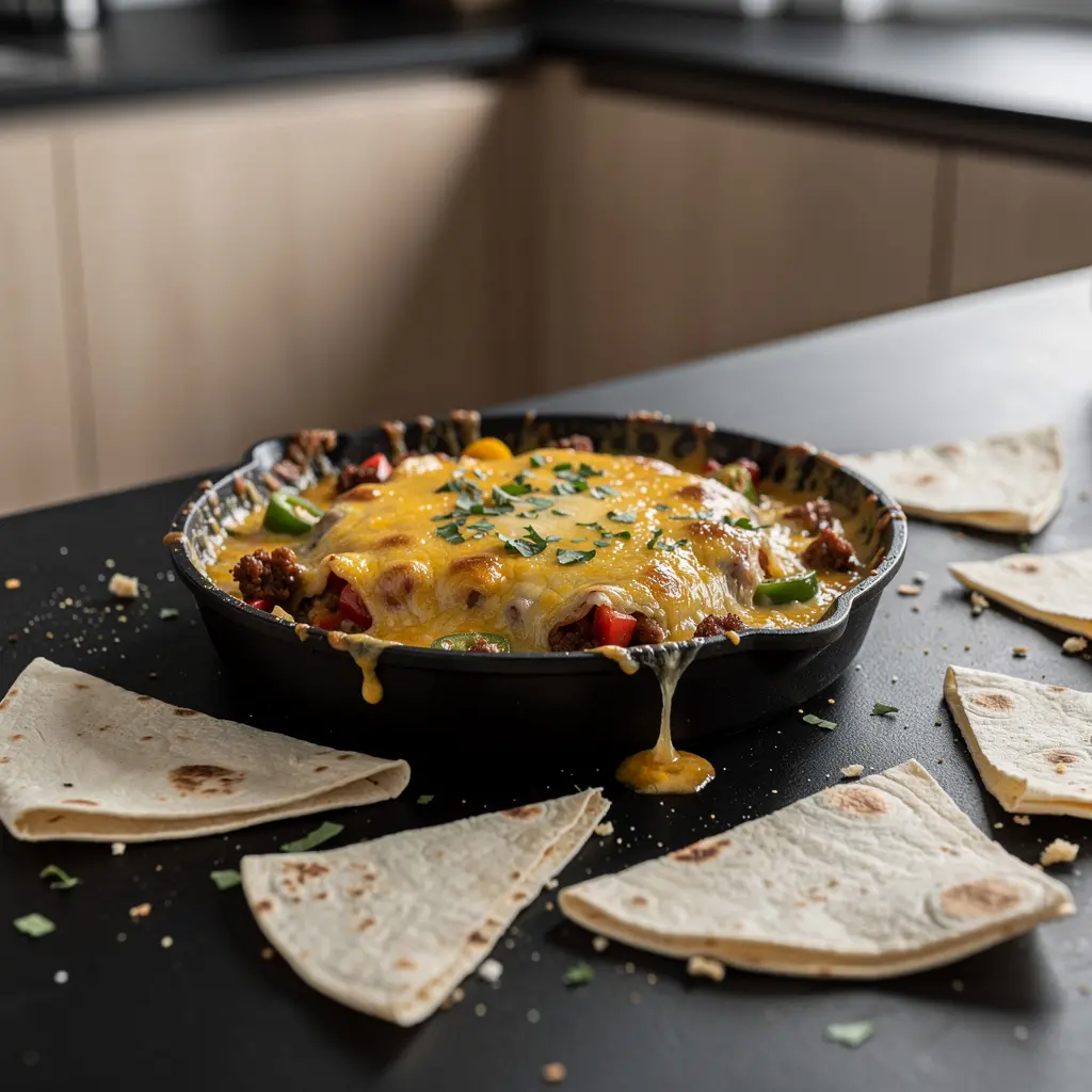 Queso fundido with chorizo – baked cheese with sausage and peppers