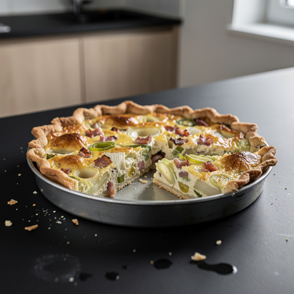 Leek and bacon quiche on shortcrust pastry