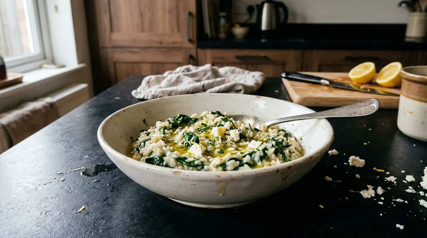 Rizoto me spanaki – greckie risotto ze szpinakiem, cytryną i fetą