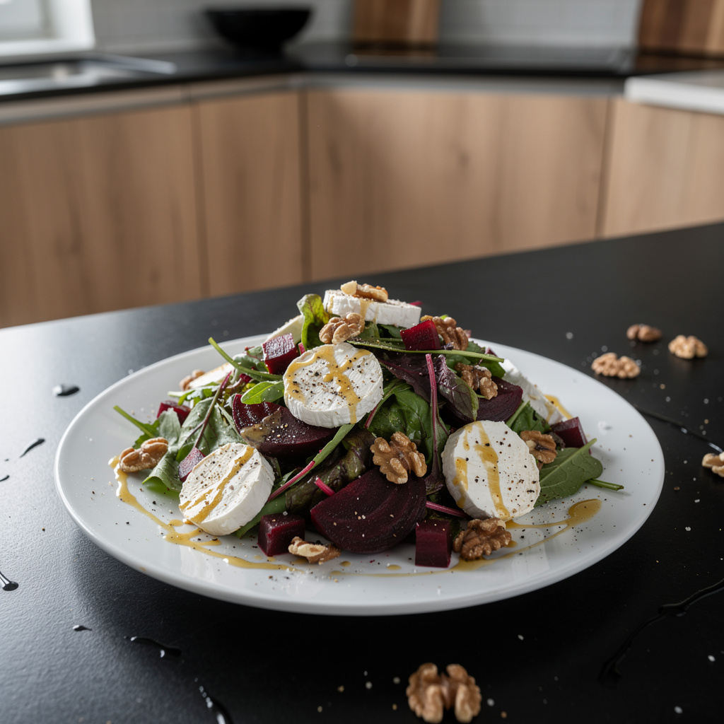 Ensalada de remolacha y queso de cabra con vinagreta de miel y mostaza