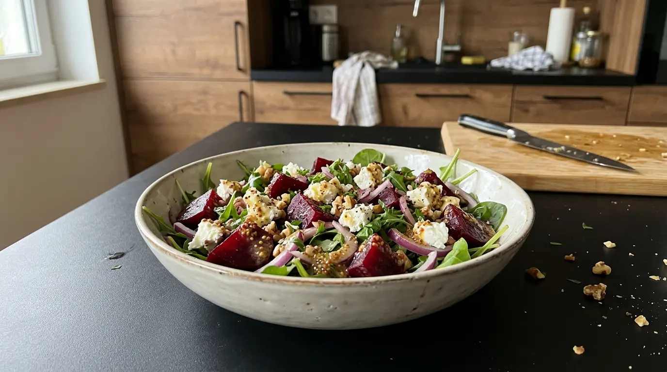 Salade de chèvre et betteraves z miodowym sosem musztardowym
