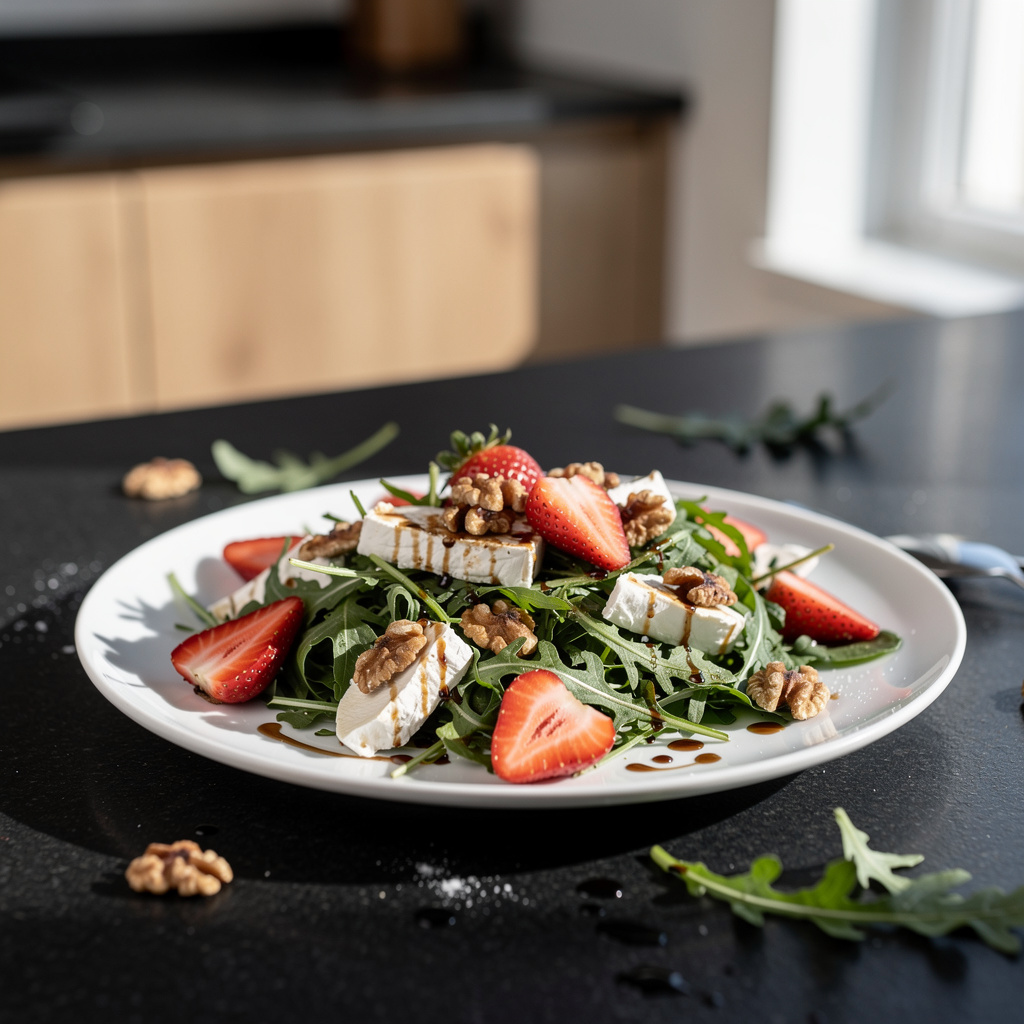 Salade de chèvre et fraises z rukolą i orzechami