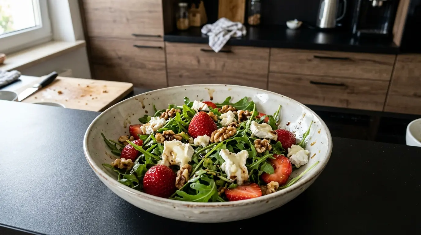 Salade de chèvre et fraises z rukolą i orzechami