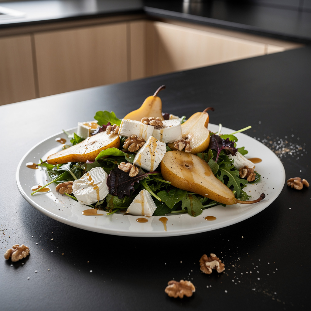 Salade de chèvre et poires karmelizowane z orzechami