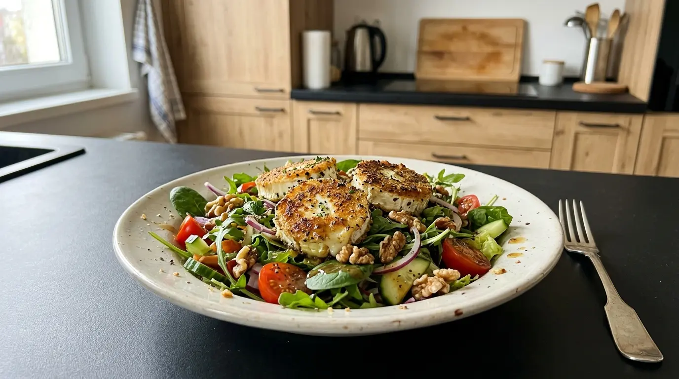 Salade de chèvre pané – sałatka z panierowanym kozim serem i miodowym sosem