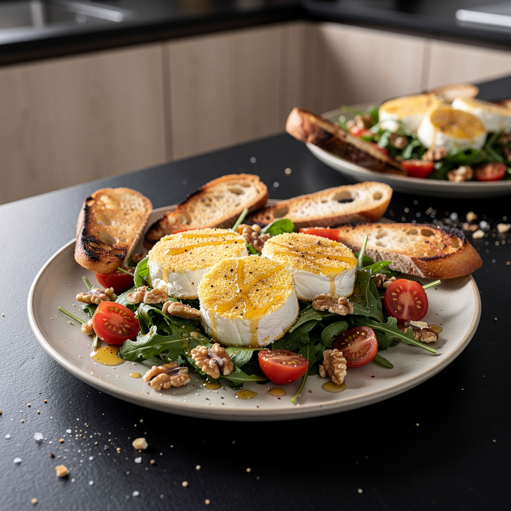 Salade de chèvre pané – sałatka z panierowanym kozim serem i miodowym sosem