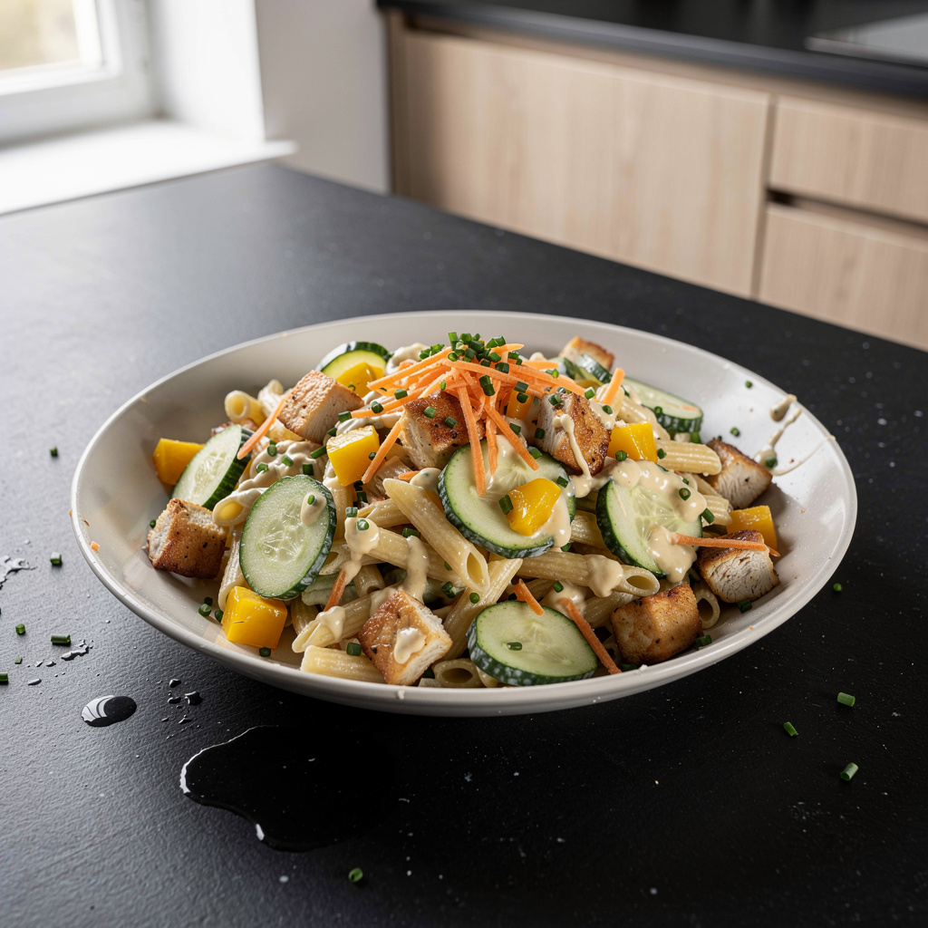 Insalata di pasta con pollo e verdure croccanti