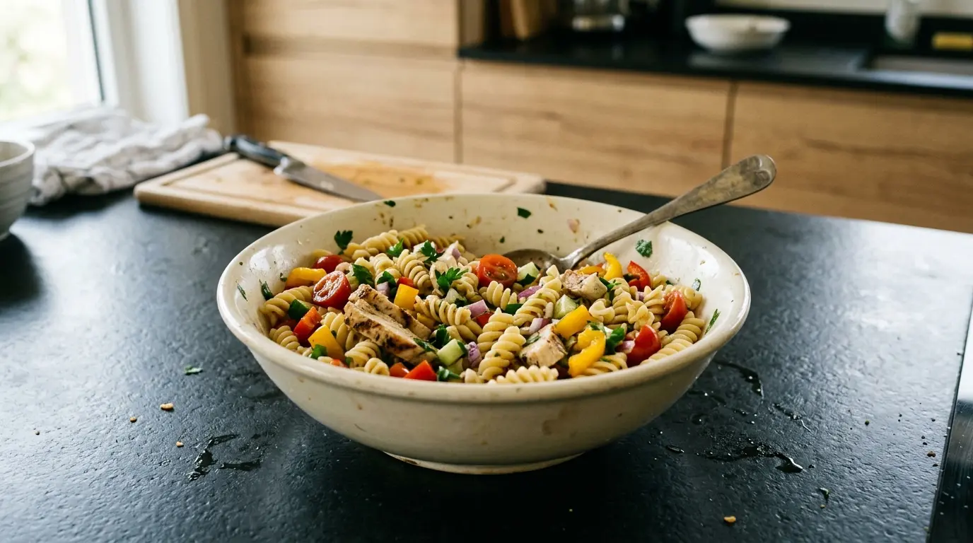 Salade de pâtes au poulet et légumes croquants