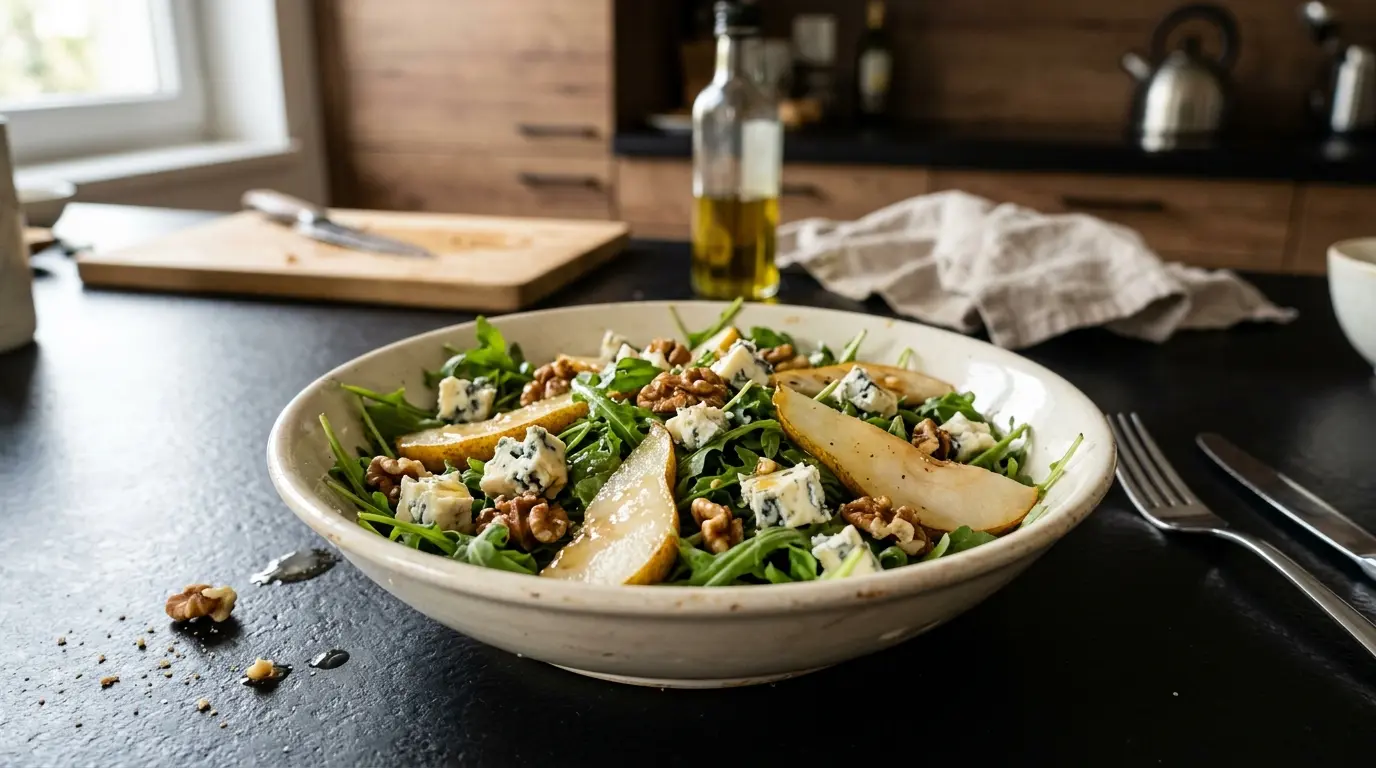 Salade de poire et roquefort z orzechami i rukolą