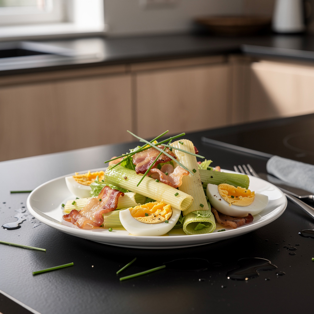 Leek and bacon salad with hard-boiled eggs