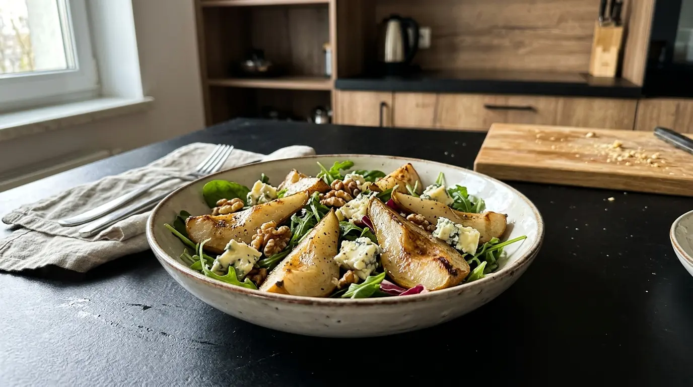 Salat mit gebackener Birne und Blauschimmelkäse – französischer Birnensalat mit Käse und Nüssen
