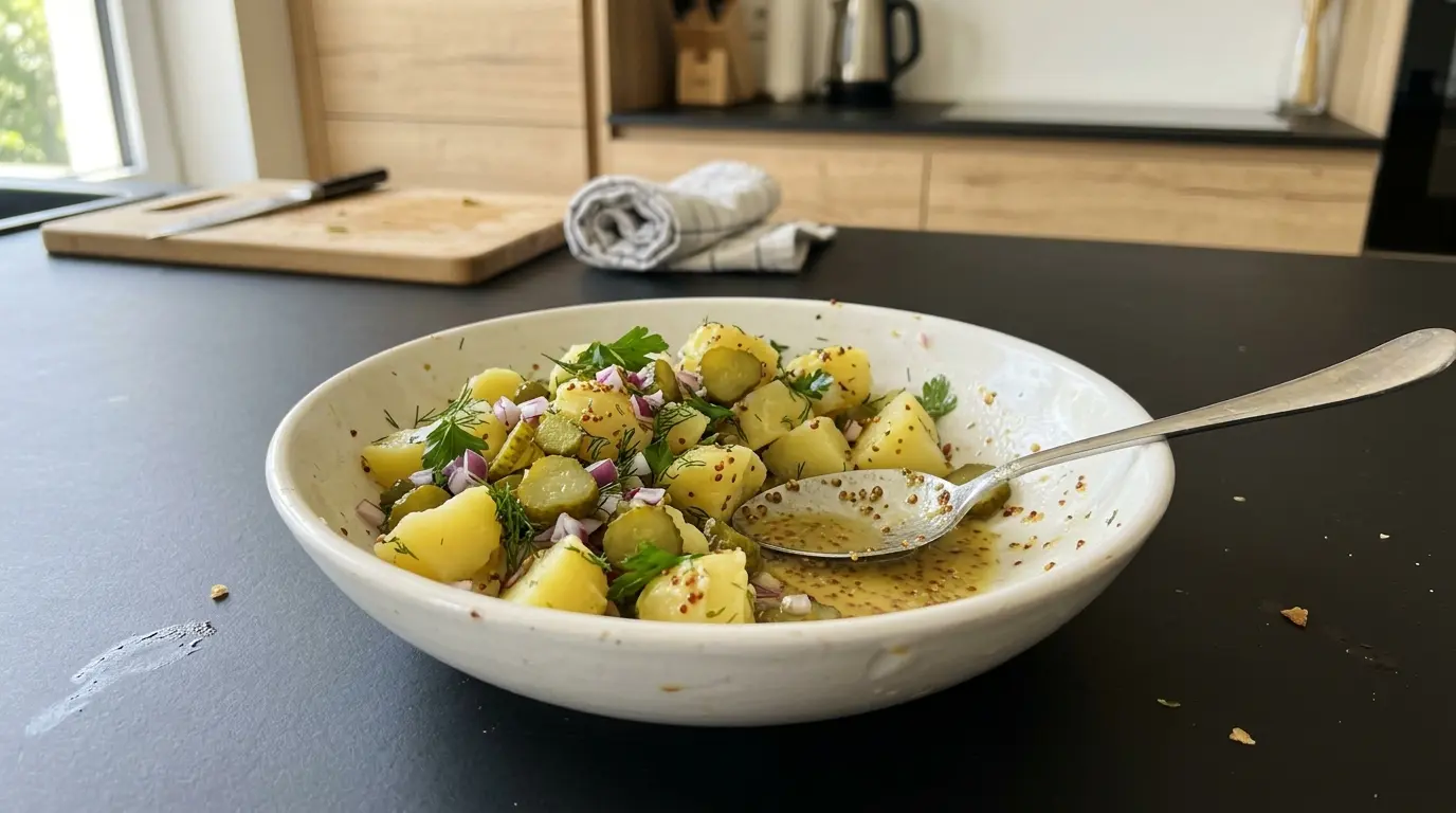 Ensalada de patatas y pepinillos – versión francesa con vinagreta de mostaza
