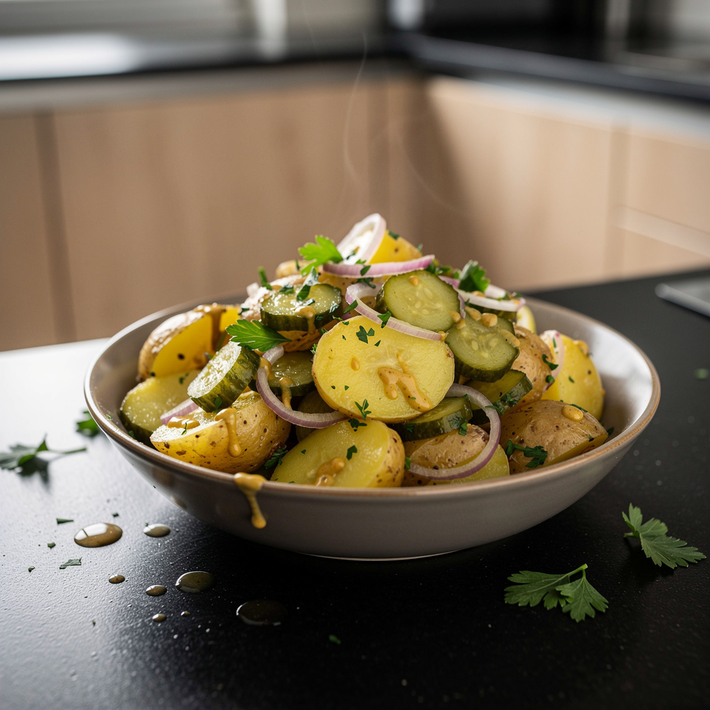 Ensalada de patatas y pepinillos – versión francesa con vinagreta de mostaza