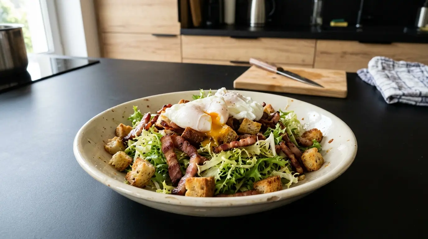 Salade lyonnaise – sałatka z jajkiem, boczkiem i grzankami