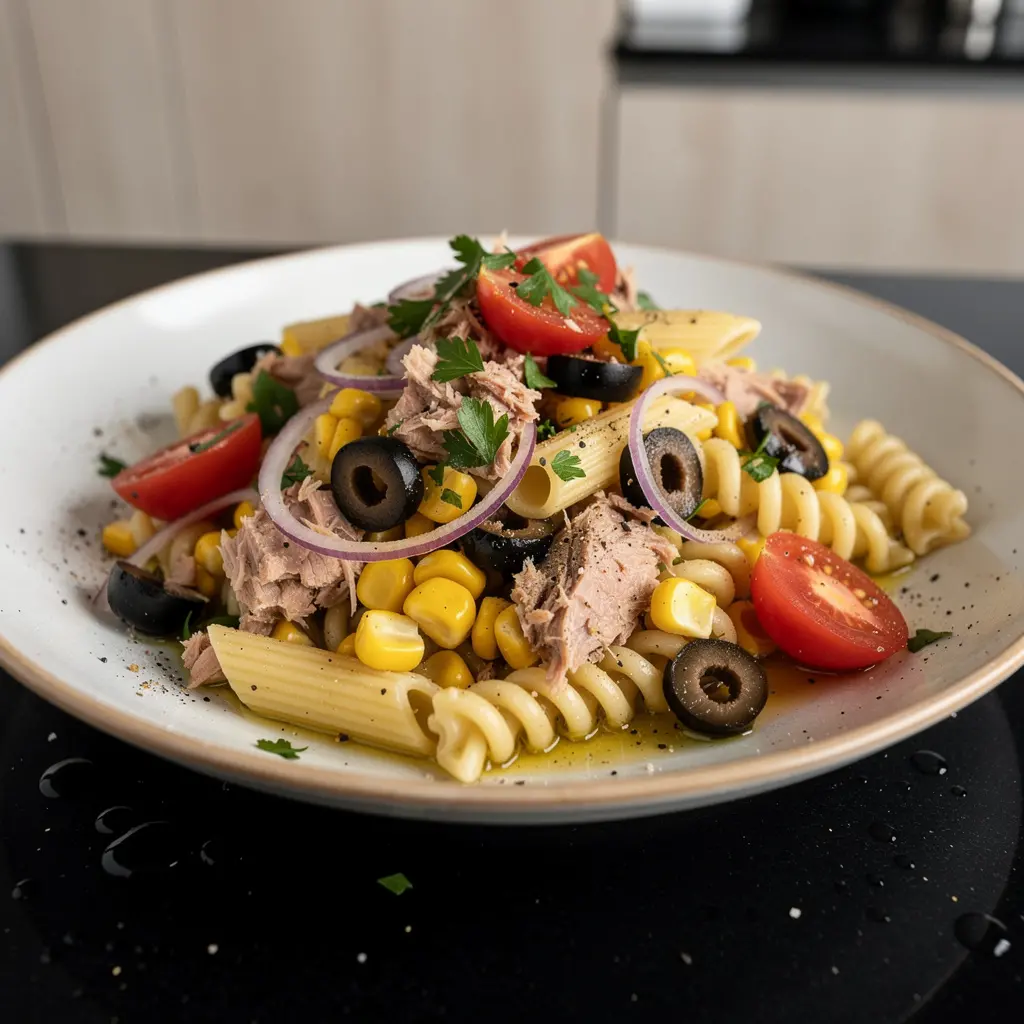Sałatka makaronowa z tuńczykiem, kukurydzą i oliwkami po włosku