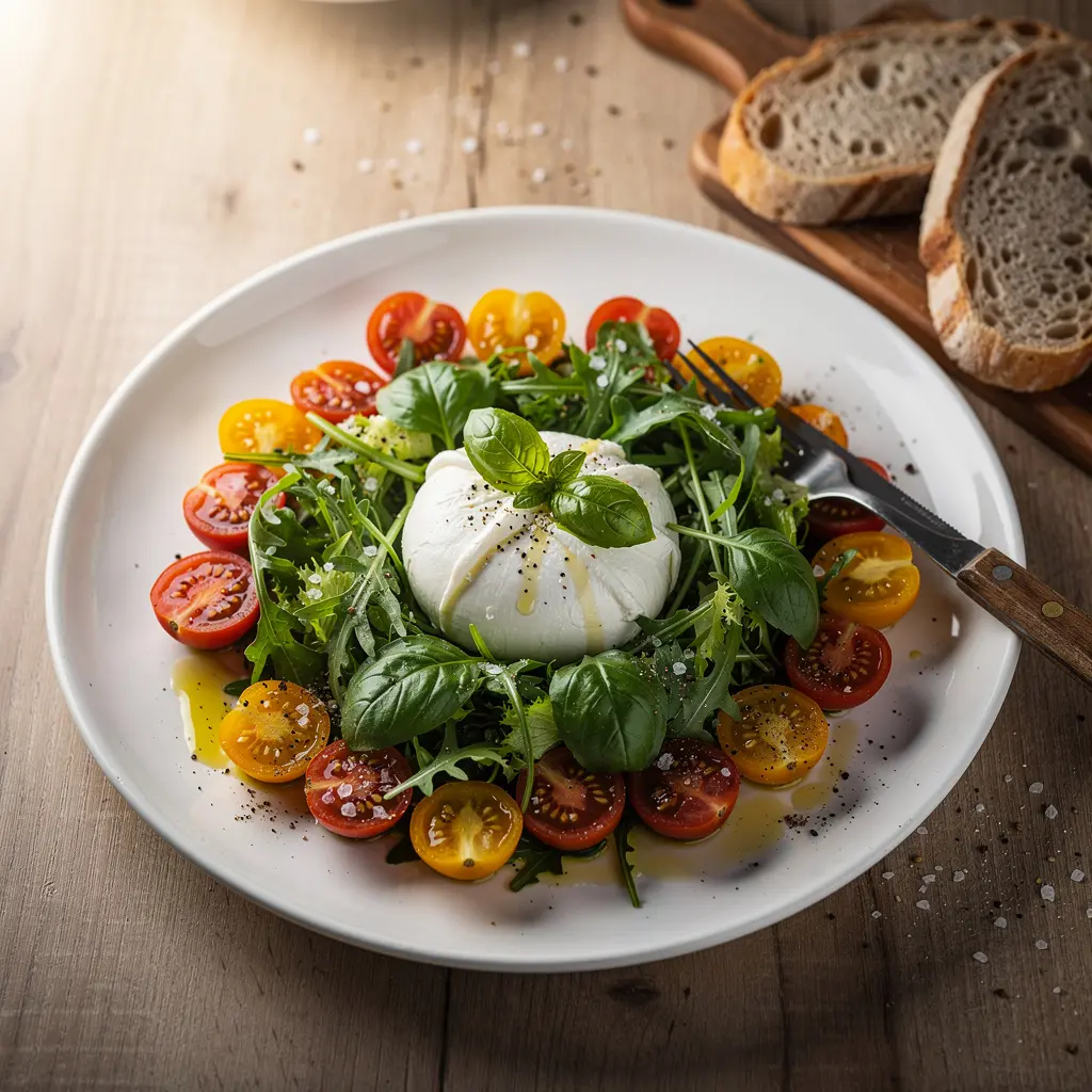 Ensalada de desayuno con burrata y tomates cherry