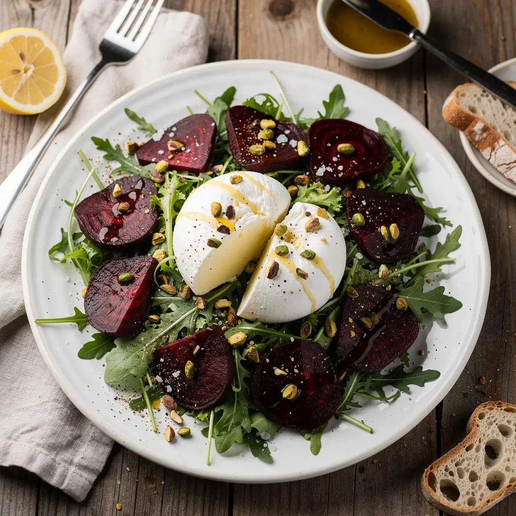 Sałatka z burratą, pieczonymi burakami i pistacjami